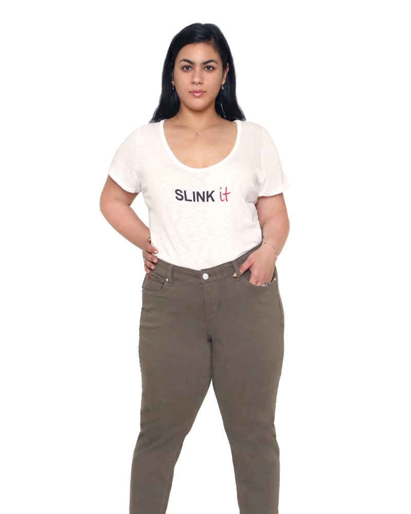 Front of a model wearing a size 12 Julia Mid-Rise Boyfriend Jean in BRONZE GREEN by Slink Jeans. | dia_product_style_image_id:309363